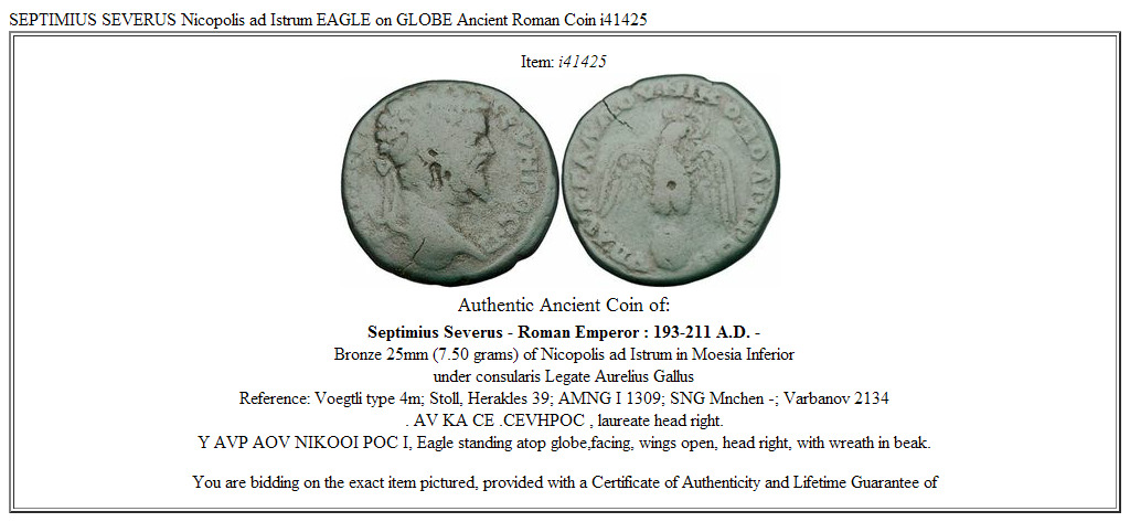 SEPTIMIUS SEVERUS Nicopolis ad Istrum EAGLE on GLOBE Ancient Roman Coin i41425