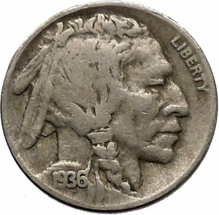 1936 BUFFALO NICKEL 5 Cents of United States of America USA Antique Coin i43854