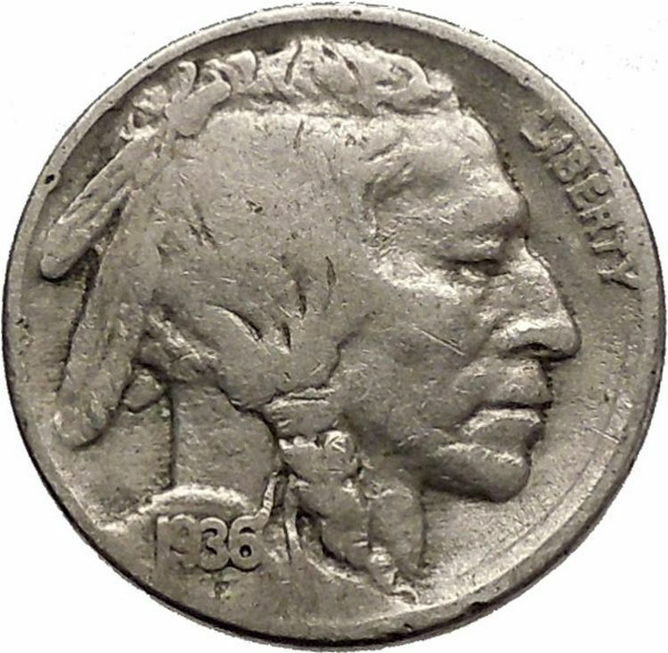 1936 BUFFALO NICKEL 5 Cents of United States of America USA Antique Coin i43827