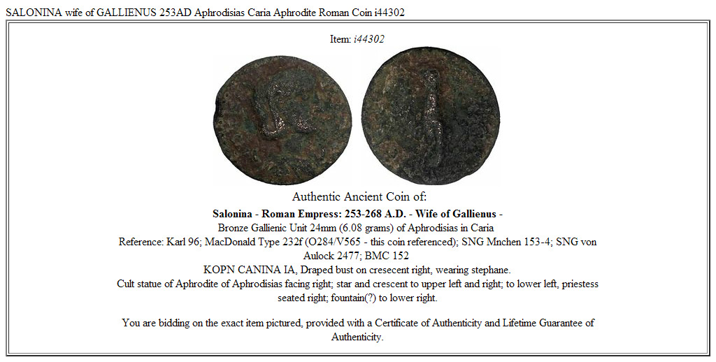 SALONINA wife of GALLIENUS 253AD Aphrodisias Caria Aphrodite Roman Coin i44302