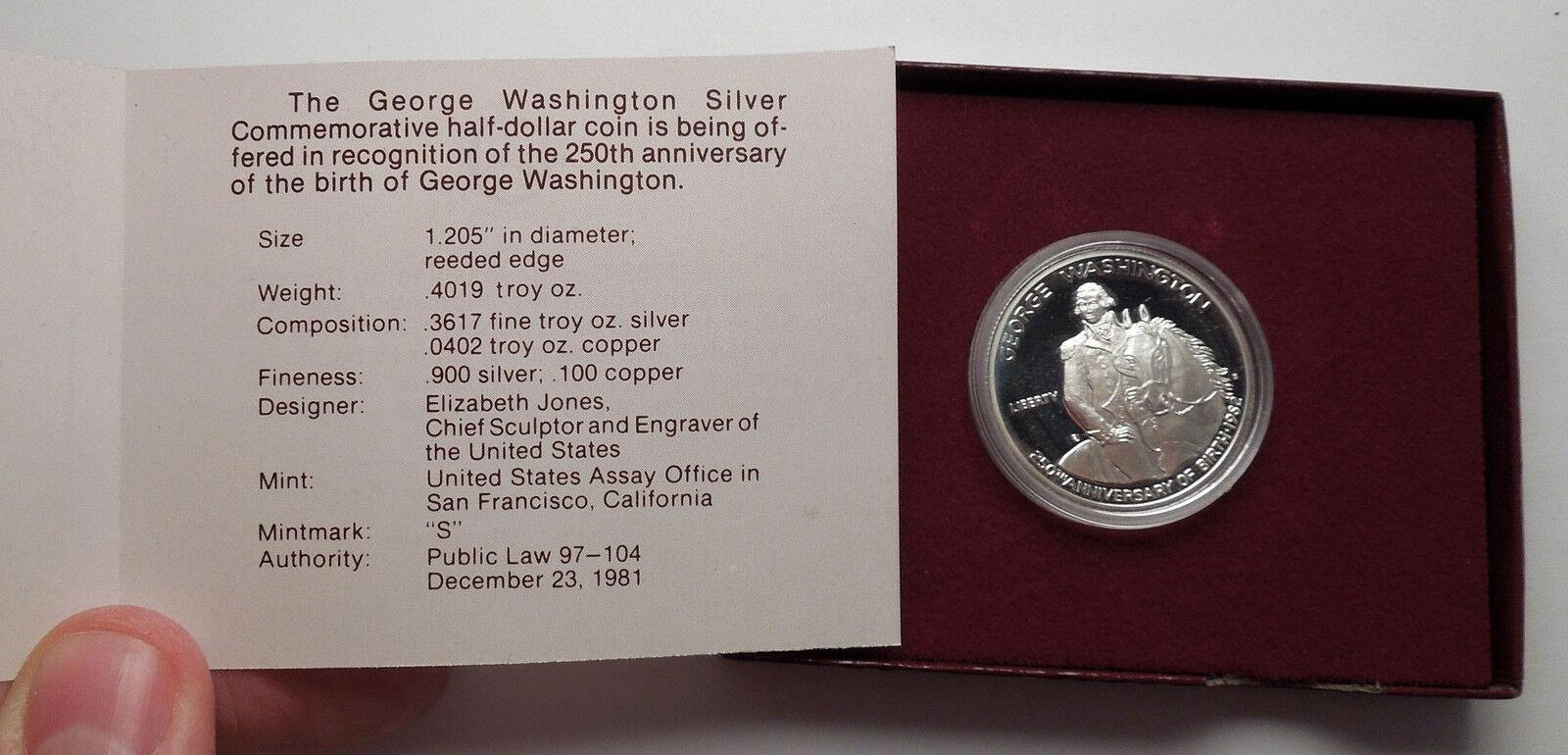 1982 George Washington Commemorative Proof Silver Half Dollar USA Coin Gift Box