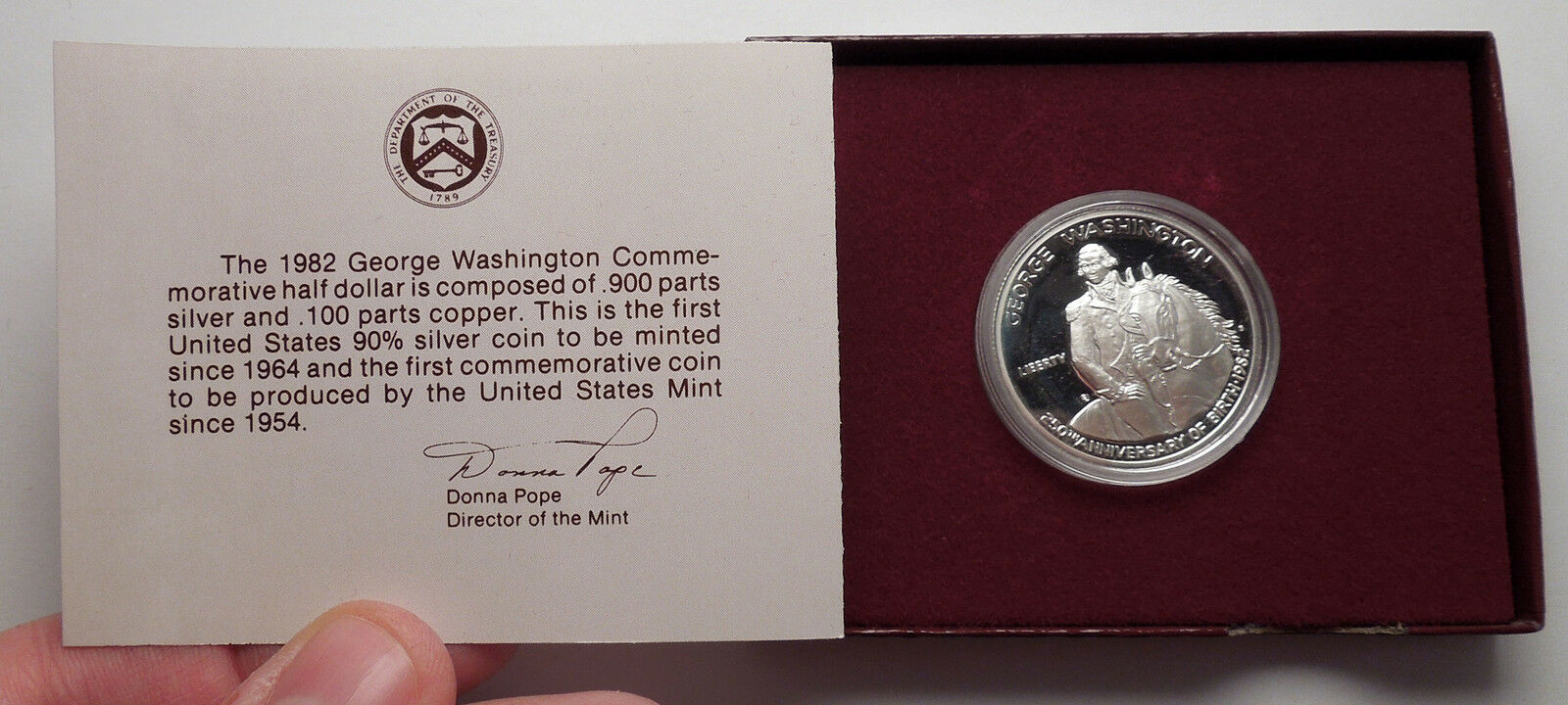 1982 George Washington Commemorative Proof Silver Half Dollar USA Coin Gift Box