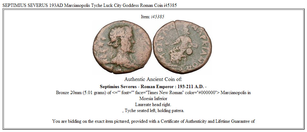 SEPTIMIUS SEVERUS 193AD Marcianopolis Tyche Luck City Goddess Roman Coin i45385