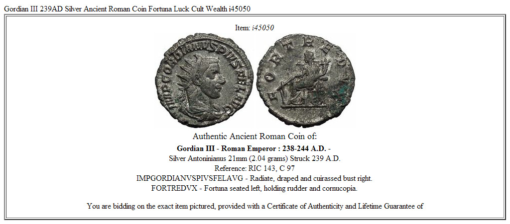 Gordian III 239AD Silver Ancient Roman Coin Fortuna Luck Cult Wealth i45050