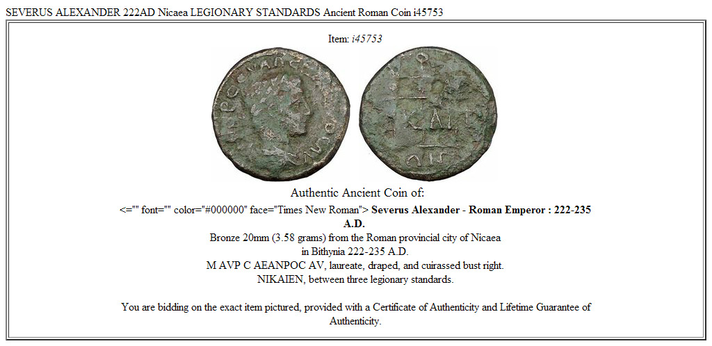 SEVERUS ALEXANDER 222AD Nicaea LEGIONARY STANDARDS Ancient Roman Coin i45753