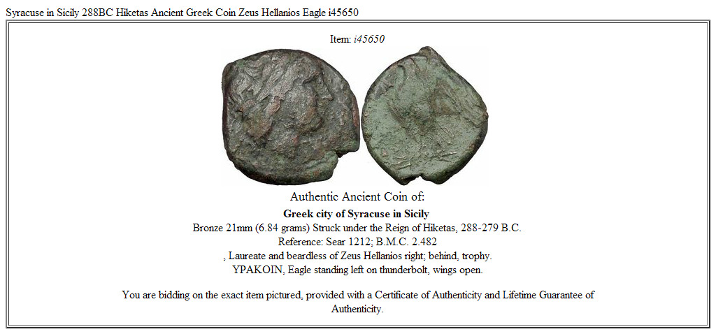 Syracuse in Sicily 288BC Hiketas Ancient Greek Coin Zeus Hellanios Eagle i45650