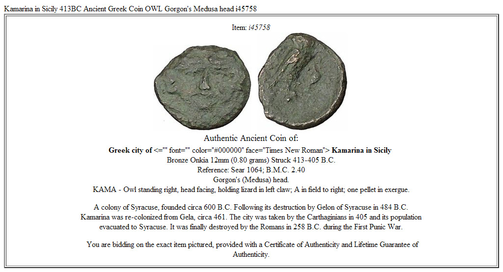 Kamarina in Sicily 413BC Ancient Greek Coin OWL Gorgon's Medusa head i45758