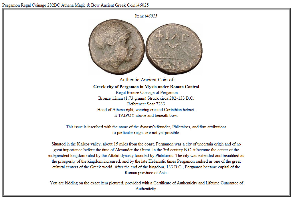 Pergamon Regal Coinage 282BC Athena Magic & Bow Ancient Greek Coin i46025