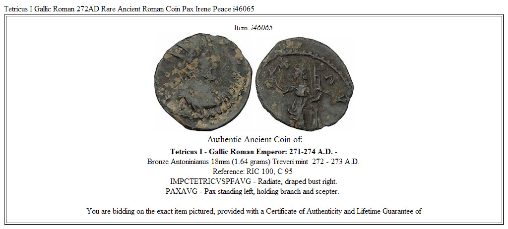 Tetricus I Gallic Roman 272AD Rare Ancient Roman Coin Pax Irene Peace i46065