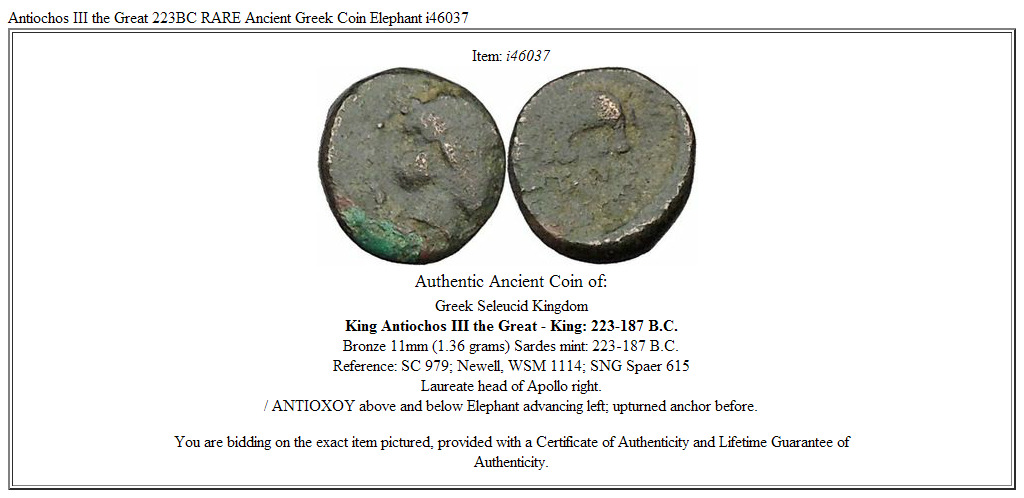 Antiochos III the Great 223BC RARE Ancient Greek Coin Elephant i46037