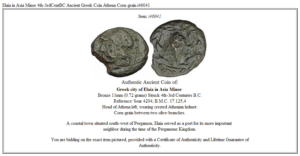 Elaia in Asia Minor 4th-3rdCentBC Ancient Greek Coin Athena Corn-grain i46041