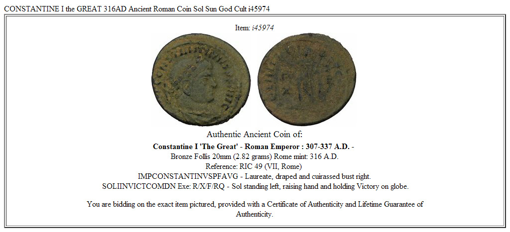 CONSTANTINE I the GREAT 316AD Ancient Roman Coin Sol Sun God Cult i45974