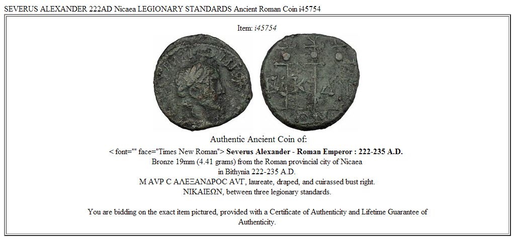 SEVERUS ALEXANDER 222AD Nicaea LEGIONARY STANDARDS Ancient Roman Coin i45754