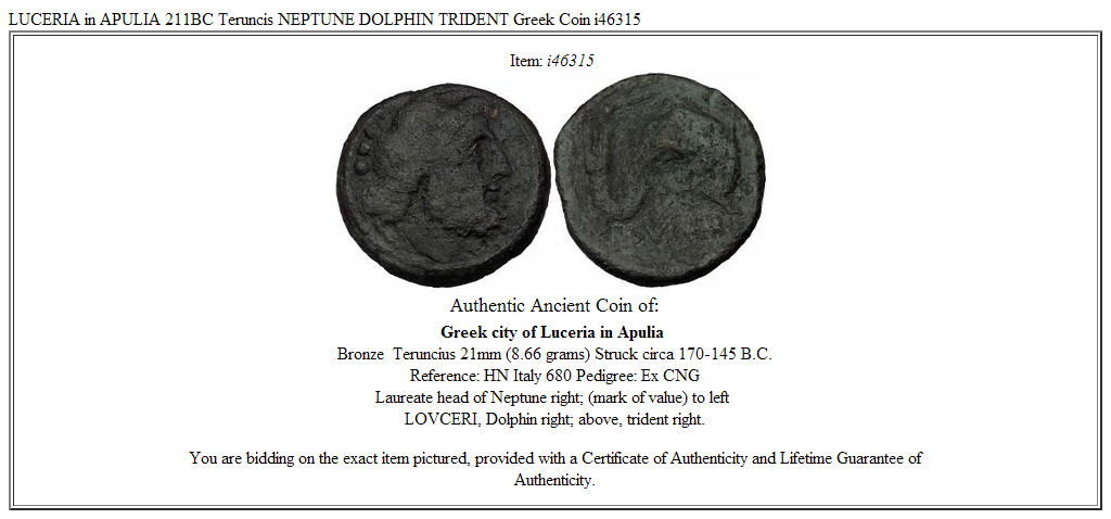 LUCERIA in APULIA 211BC Teruncis NEPTUNE DOLPHIN TRIDENT Greek Coin i46315