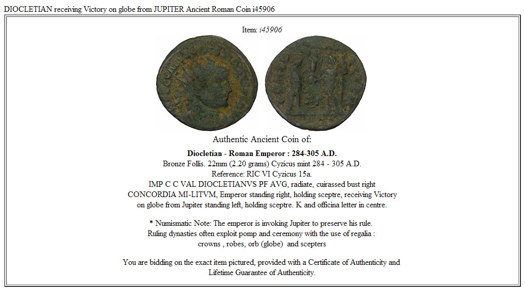 DIOCLETIAN receiving Victory on globe from JUPITER Ancient Roman Coin i45906