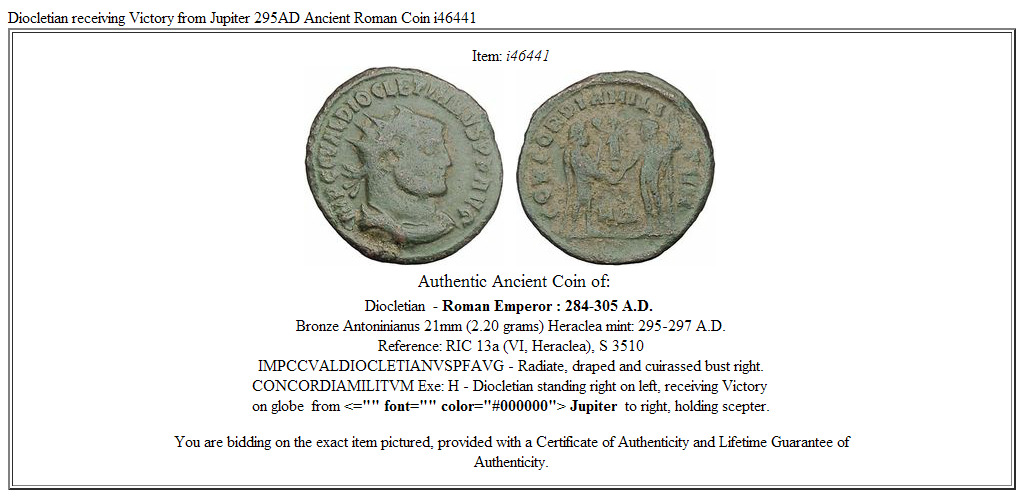 Diocletian receiving Victory from Jupiter 295AD Ancient Roman Coin i46441