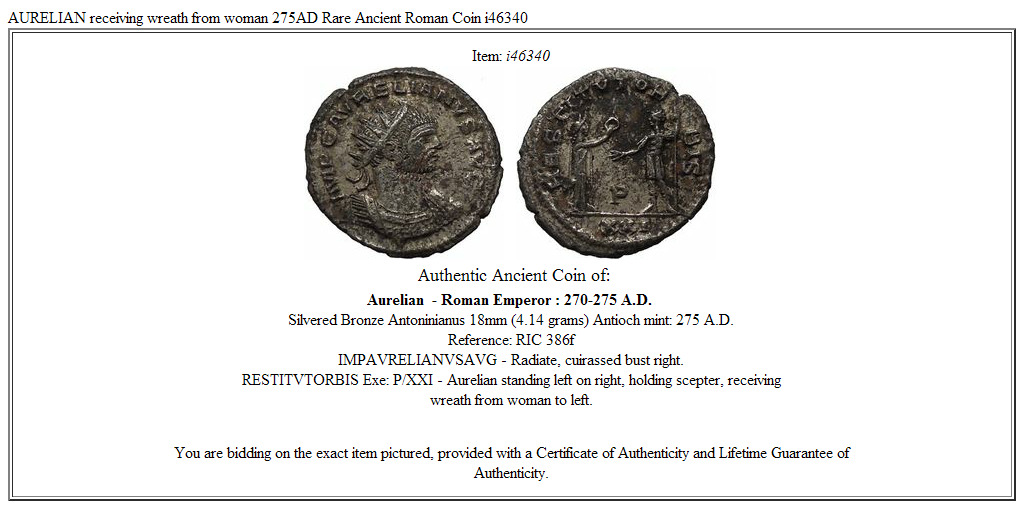 AURELIAN receiving wreath from woman 275AD Rare Ancient Roman Coin i46340