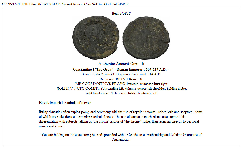 CONSTANTINE I the GREAT 314AD Ancient Roman Coin Sol Sun God Cult i45818