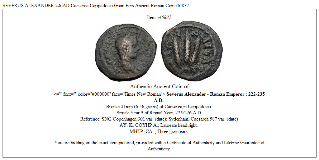 SEVERUS ALEXANDER 226AD Caesarea Cappadocia Grain Ears Ancient Roman Coin i46837