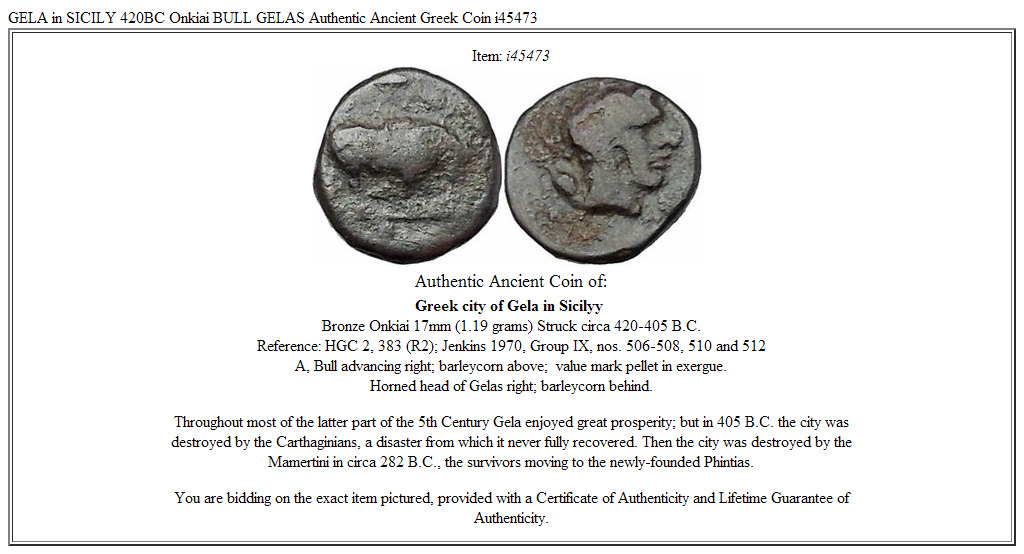 GELA in SICILY 420BC Onkiai BULL GELAS Authentic Ancient Greek Coin i45473