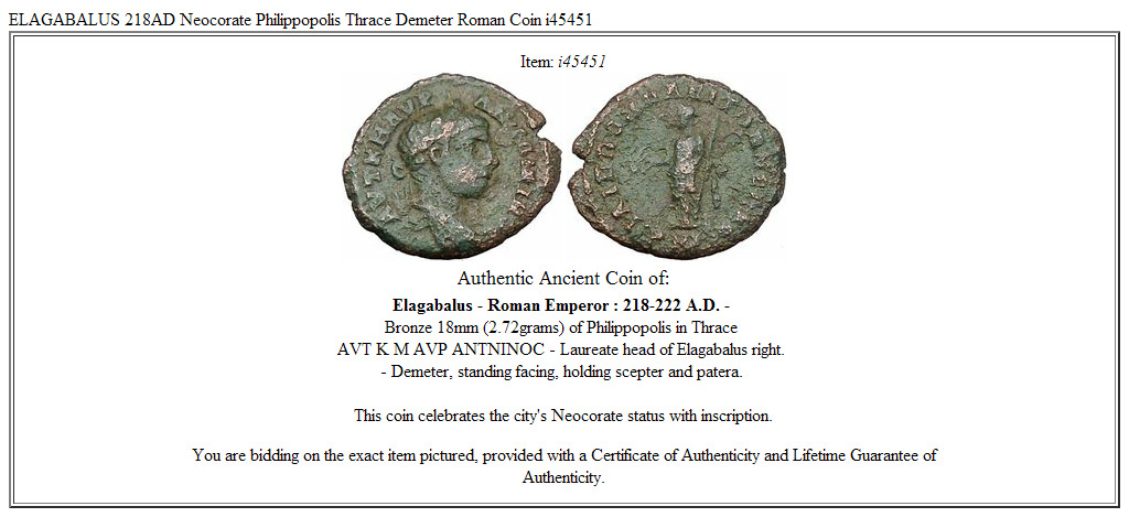 ELAGABALUS 218AD Neocorate Philippopolis Thrace Demeter Roman Coin i45451