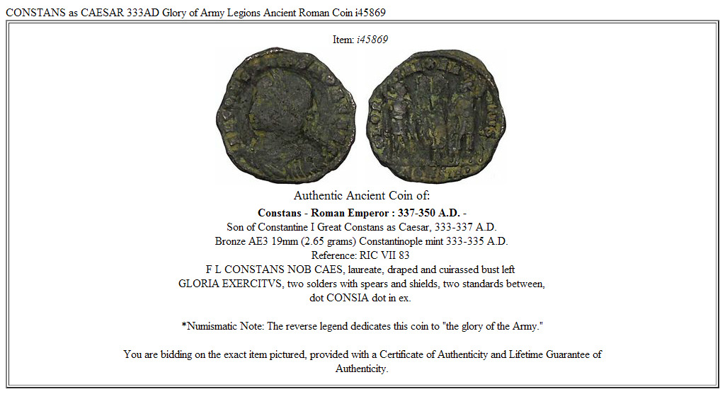 CONSTANS as CAESAR 333AD Glory of Army Legions Ancient Roman Coin i45869