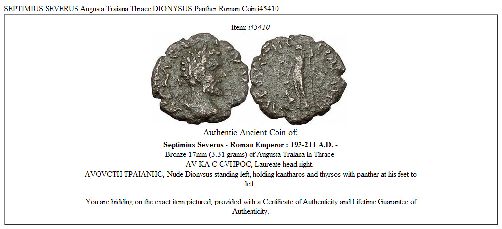 SEPTIMIUS SEVERUS Augusta Traiana Thrace DIONYSUS Panther Roman Coin i45410