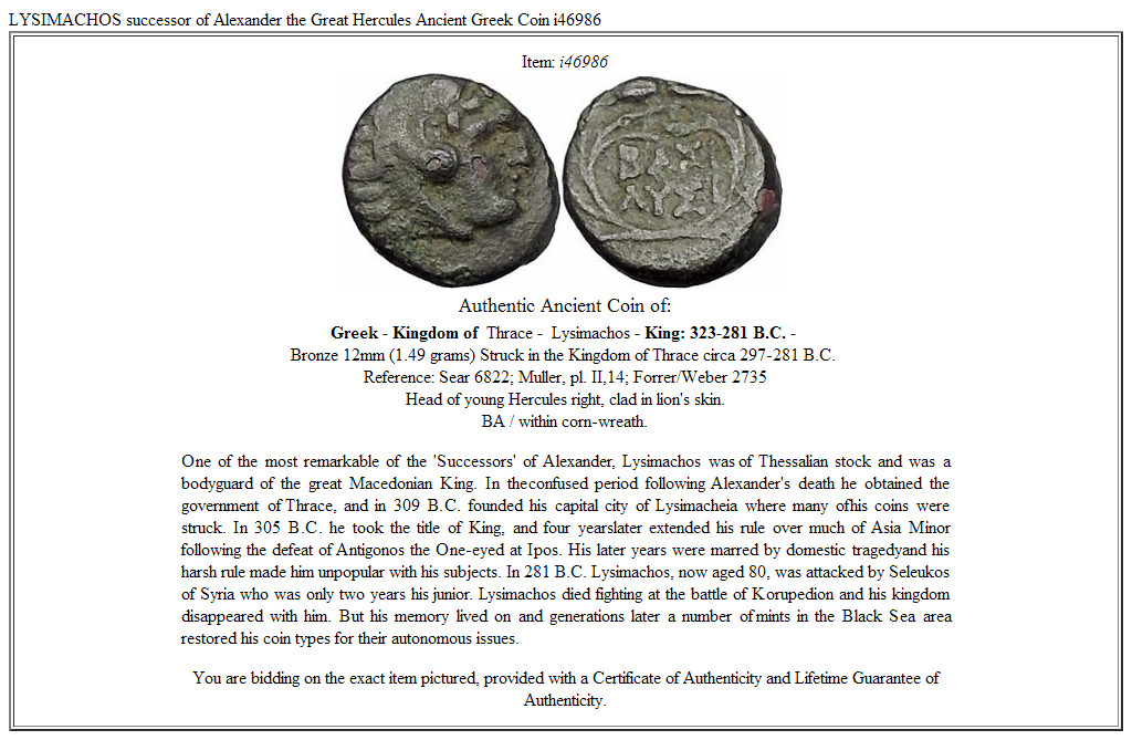 LYSIMACHOS successor of Alexander the Great Hercules Ancient Greek Coin i46986