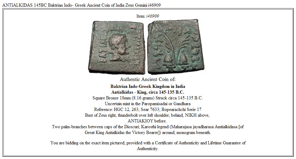 ANTIALKIDAS 145BC Baktrian Indo- Greek Ancient Coin of India Zeus Gemini i46909
