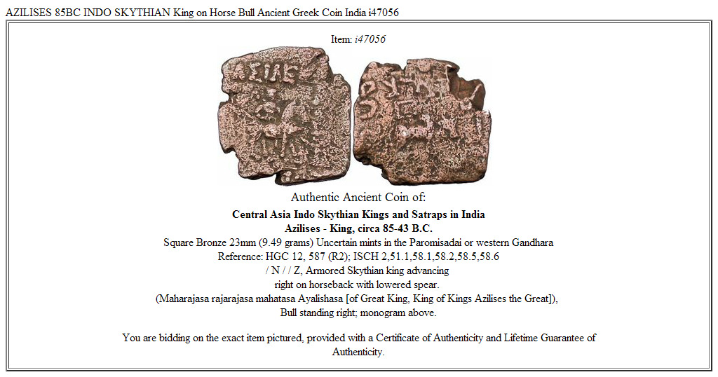 AZILISES 85BC INDO SKYTHIAN King on Horse Bull Ancient Greek Coin India i47056
