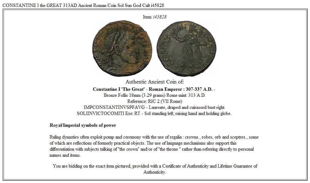 CONSTANTINE I the GREAT 313AD Ancient Roman Coin Sol Sun God Cult i45828