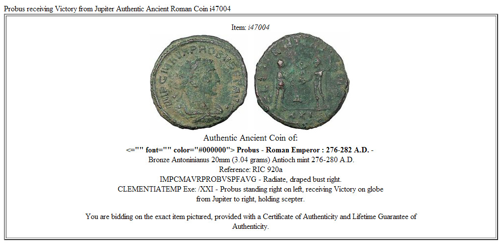 Probus receiving Victory from Jupiter Authentic Ancient Roman Coin i47004