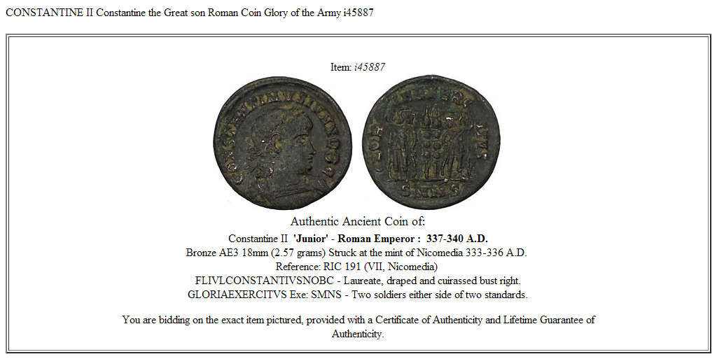 CONSTANTINE II Constantine the Great son Roman Coin Glory of the Army i45887