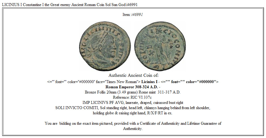 LICINIUS I Constantine I the Great enemy Ancient Roman Coin Sol Sun God i46991