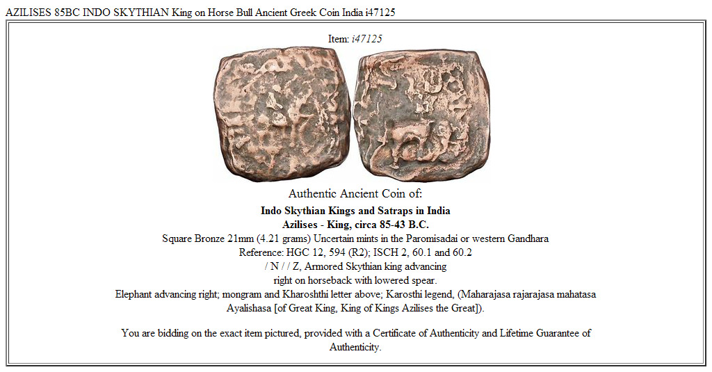 AZILISES 85BC INDO SKYTHIAN King on Horse Bull Ancient Greek Coin India i47125