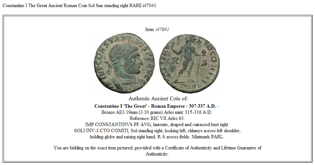 Constantine I The Great Ancient Roman Coin Sol Sun standing right RARE i47041