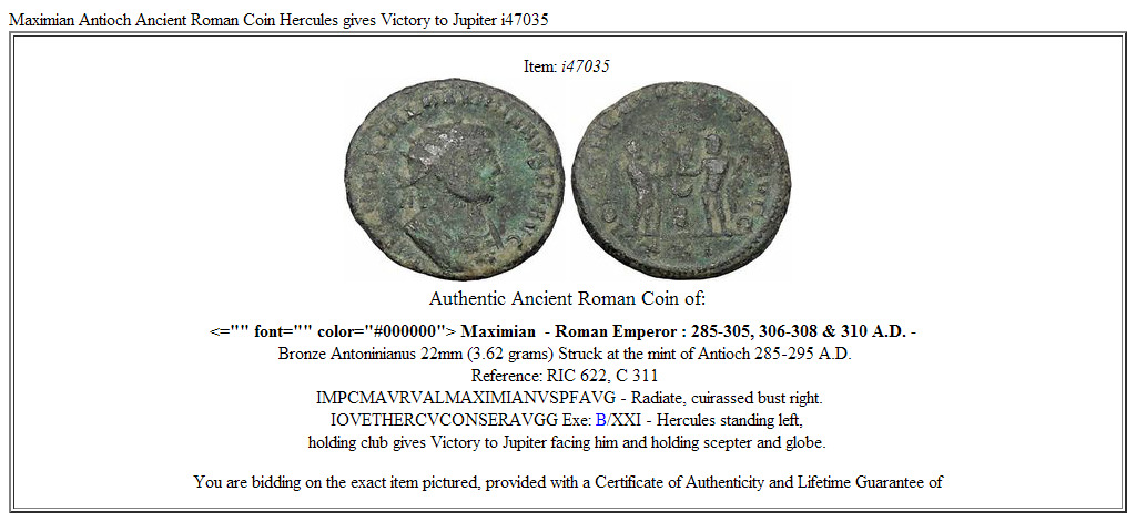 Maximian Antioch Ancient Roman Coin Hercules gives Victory to Jupiter i47035