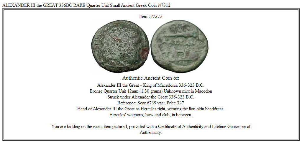 ALEXANDER III the GREAT 336BC RARE Quarter Unit Small Ancient Greek Coin i47312