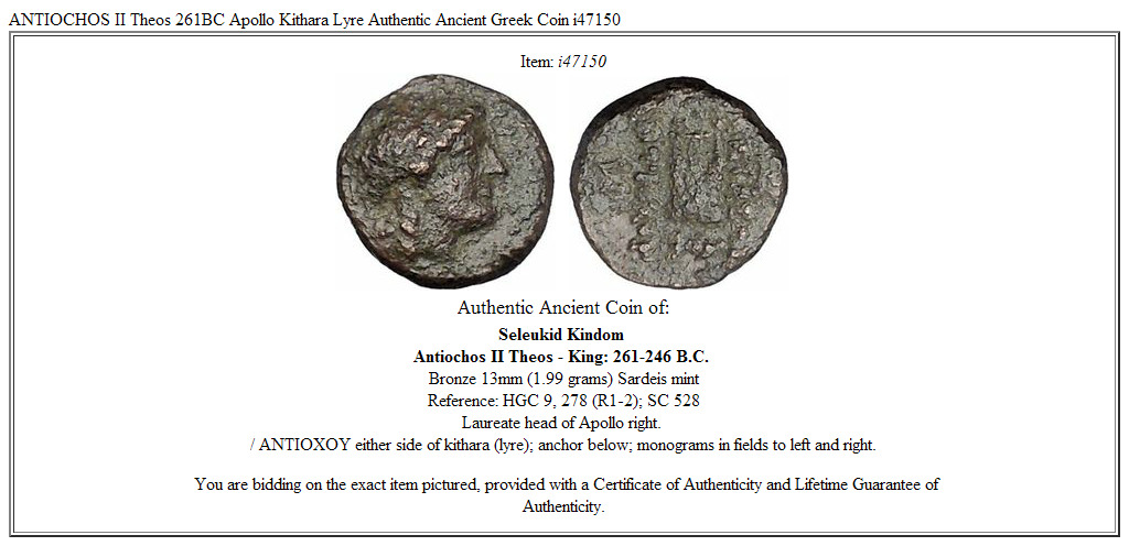 ANTIOCHOS II Theos 261BC Apollo Kithara Lyre Authentic Ancient Greek Coin i47150