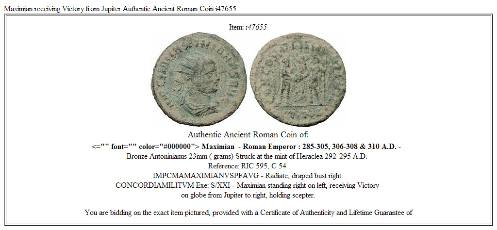 Maximian receiving Victory from Jupiter Authentic Ancient Roman Coin i47655