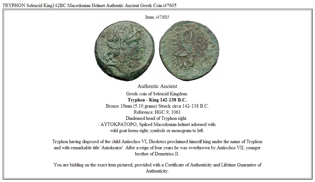 TRYPHON Seleucid King142BC Macedonian Helmet Authentic Ancient Greek Coin i47605