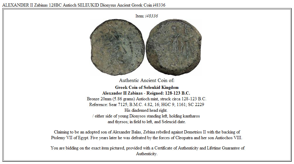 ALEXANDER II Zabinas 128BC Antioch SELEUKID Dionysus Ancient Greek Coin i48336