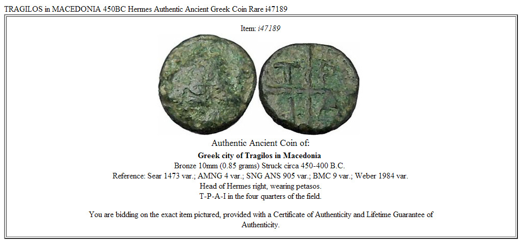 TRAGILOS in MACEDONIA 450BC Hermes Authentic Ancient Greek Coin Rare i47189