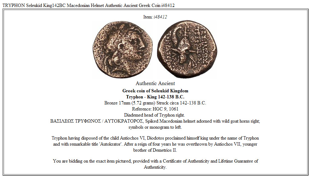 TRYPHON Seleukid King142BC Macedonian Helmet Authentic Ancient Greek Coin i48412