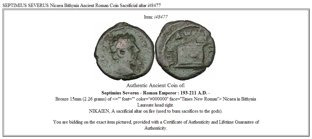 SEPTIMIUS SEVERUS Nicaea Bithynia Ancient Roman Coin Sacrificial altar i48477