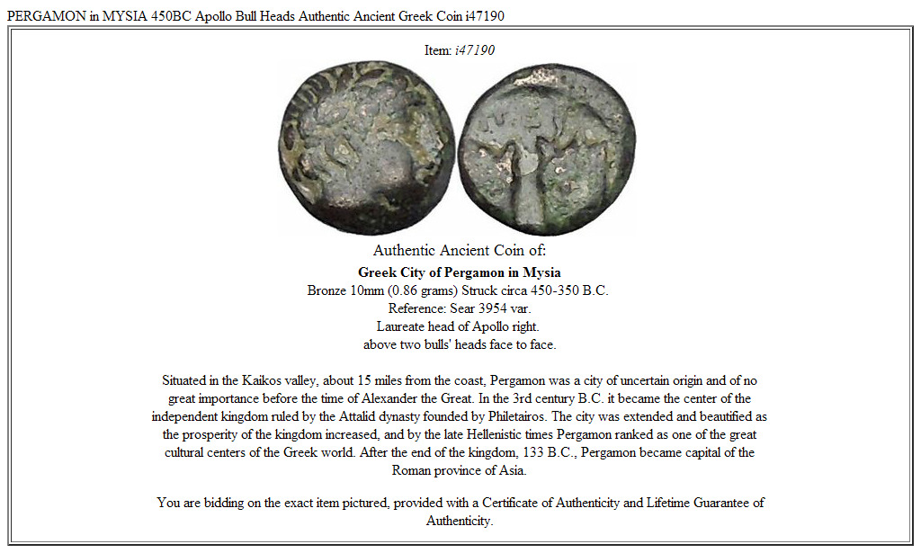PERGAMON in MYSIA 450BC Apollo Bull Heads Authentic Ancient Greek Coin i47190