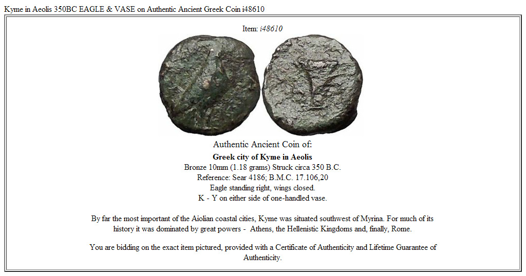 Kyme in Aeolis 350BC EAGLE & VASE on Authentic Ancient Greek Coin i48610