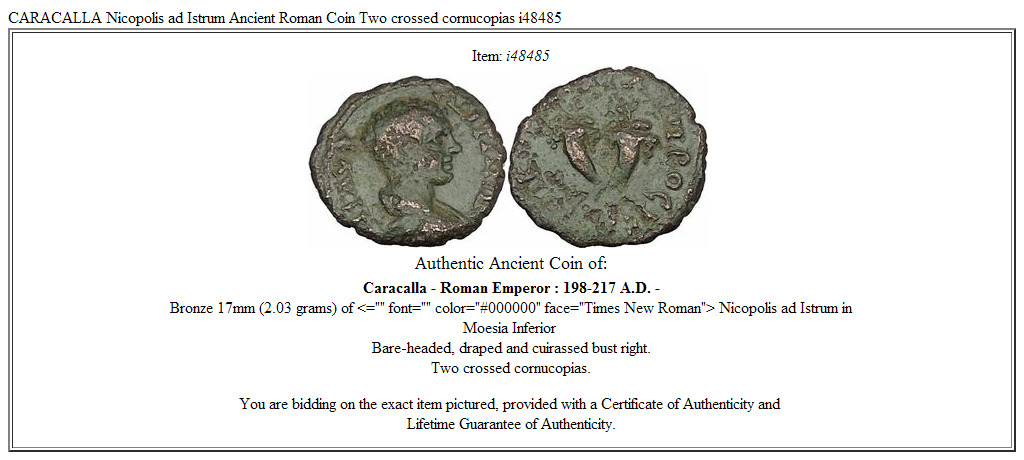 CARACALLA Nicopolis ad Istrum Ancient Roman Coin Two crossed cornucopias i48485