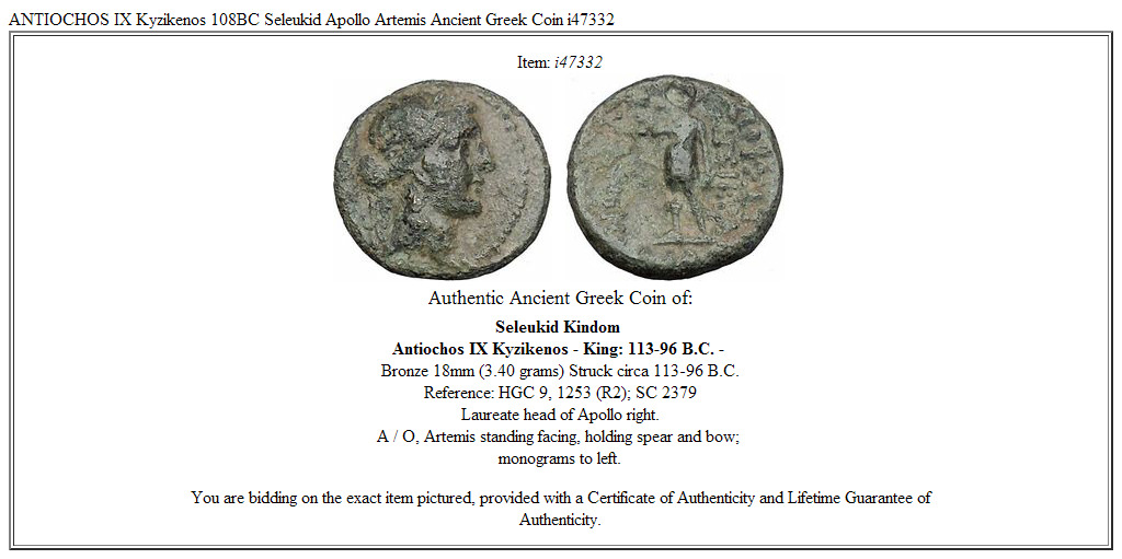 ANTIOCHOS IX Kyzikenos 108BC Seleukid Apollo Artemis Ancient Greek Coin i47332