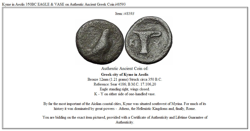 Kyme in Aeolis 350BC EAGLE & VASE on Authentic Ancient Greek Coin i48593